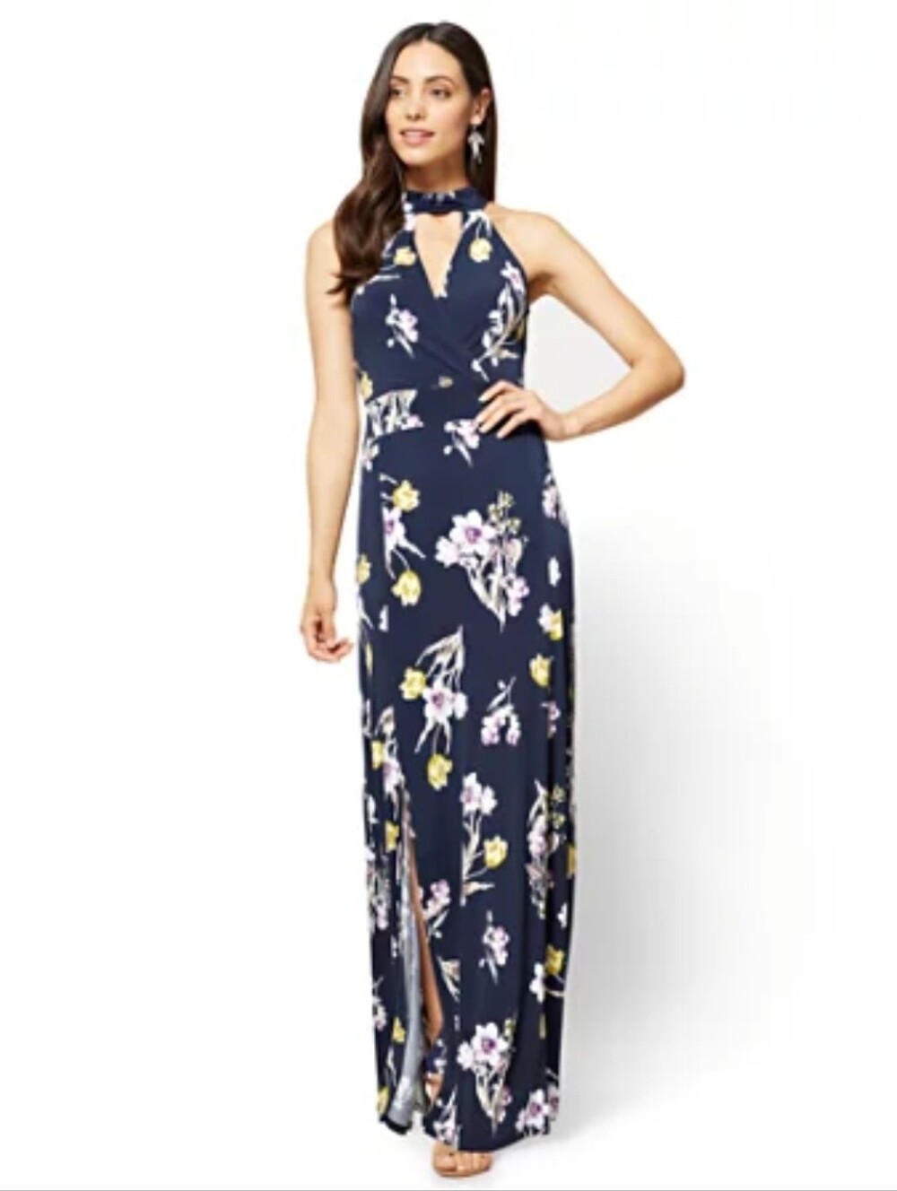 NY&C Navy Floral Halter Maxi Dress Large can Fit XL